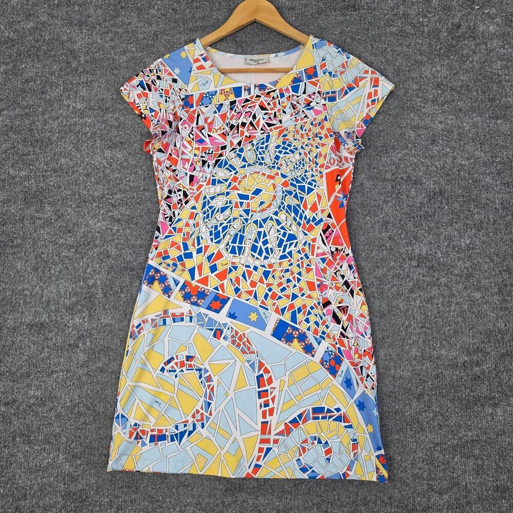 Emilio Pucci Dress 40 Silk Jersey Sheath Mini Geometric Mosaic Colorful Luxury